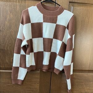 Brown and White Checkered Sweater